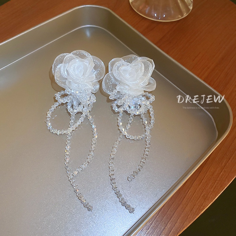 DREJEW Khuyên tai kim bạc họa tiết hoa phối tua rua phong cách cổ điển thời trang cho nữ
