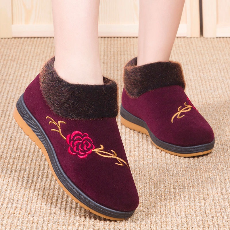 Giày Vải Cotton Lót Lông Cừu Dày Dặn Giữ Ấm Mùa Đông Cho Phụ Nữ Trung Niên
