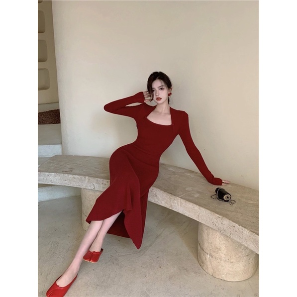 ĐẦM GÂN LEN ĐỎ NÚT BỌC TAY DÀI ( chuyên sỉ)