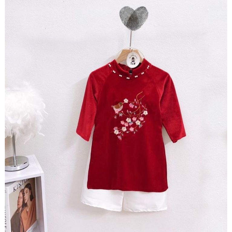 Áo dài cách tân bé gái thêu hoa chất nhung mềm mại 2 chi tiết