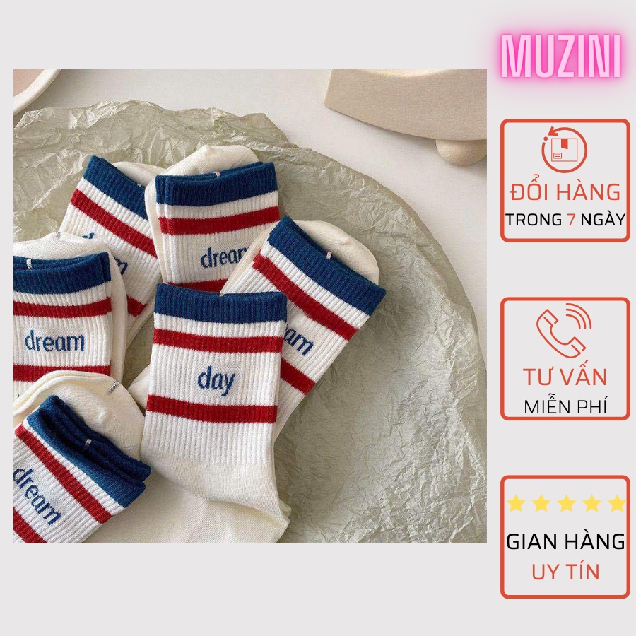 Set 2 Tất trắng Muzini vớ cổ cao nam nữ thêu họa tiết chữ Dream Day phong cách Hàn Quốc TN40