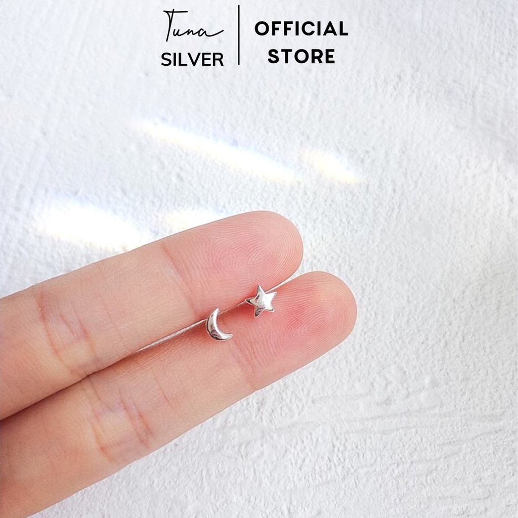 Khuyên tai Bạc trơn, Bông tai trăng sao bạc cao cấp TUNA SILVER cam kết chuẩn Bạc
