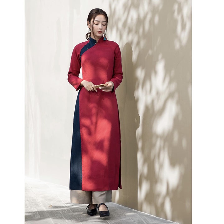 (TỔNG KHO LÂM ANH CHUYÊN SỈ) Set bộ áo dài Linen tưng gân Premium sang trọng mặc tết cho sắc xuân rực rỡ(Áo đỏ+Quần Xám)