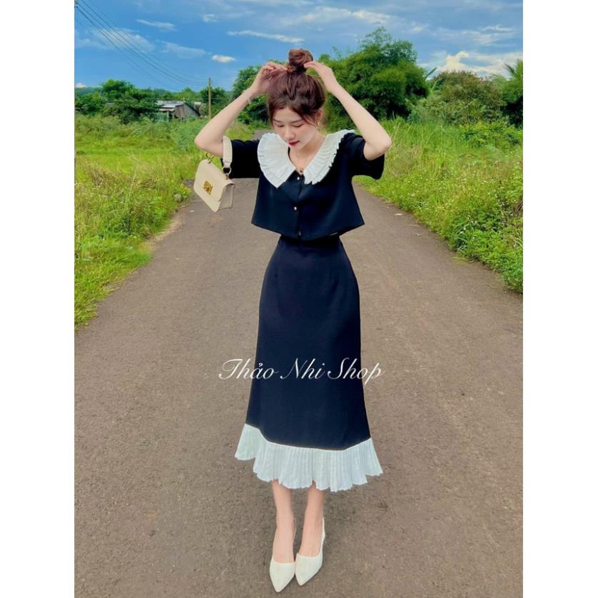 Set croptop đen cổ trắng dập ly chân váy midi đuôi cá viền bèo mẫu thảo nhi shop