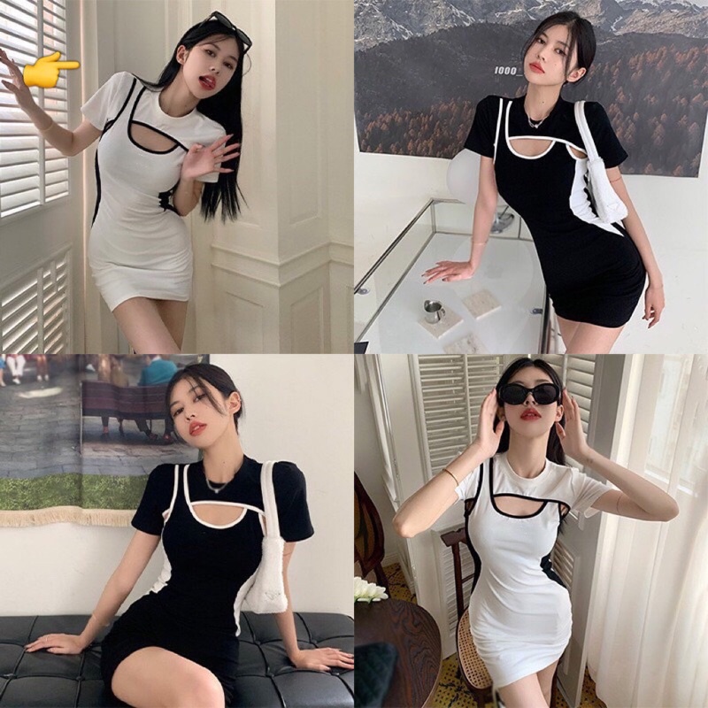 Đầm body phối VIỀN nổi QT tay ngắn dáng ngắn ôm Thời Trang Cho Nữ - Thiên Yết