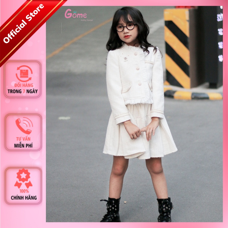 Set vest cùng chân váy đính hoa váy thiết kế màu trắng chất liệu dạ tweed Gome baby GD22-09