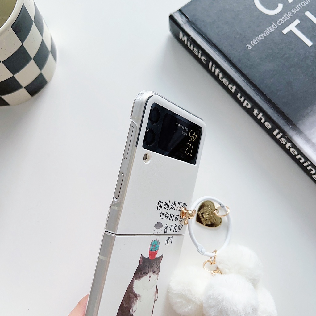 Ốp Điện Thoại PC Cứng Chống Sốc Hình Mèo Hoạt Họa Phối Dây Xích Cho Samsung Galaxy Z Flip 4 5G Samsung Galaxy Z Flip 3