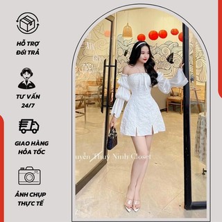 Váy nữ dáng xòe trễ vai tay dài ống loe cực cute, chất gấm dày dặn ( có mút ngực ) - 1108