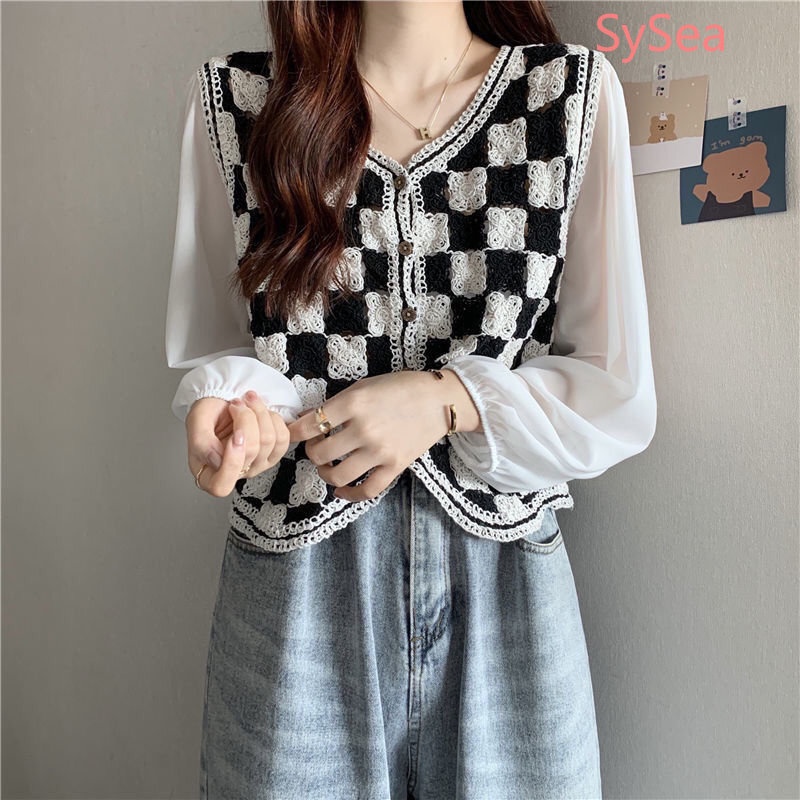 Áo Dệt Kim Tay Dài Sọc Ca Rô Thời Trang Hàn Quốc Cá Tính Cho Nữ