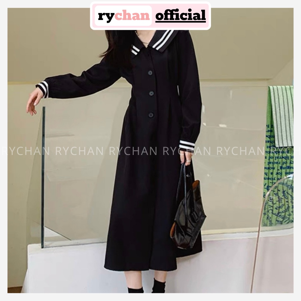 Đầm Thiết Kế Cổ Thủy Thủ Phối Viền Trắng Tay Dài Sang Chảnh, Đầm Dạo Phố Dáng Dài Đính Nút Trước Sành Điệu Màu Đen-DX511