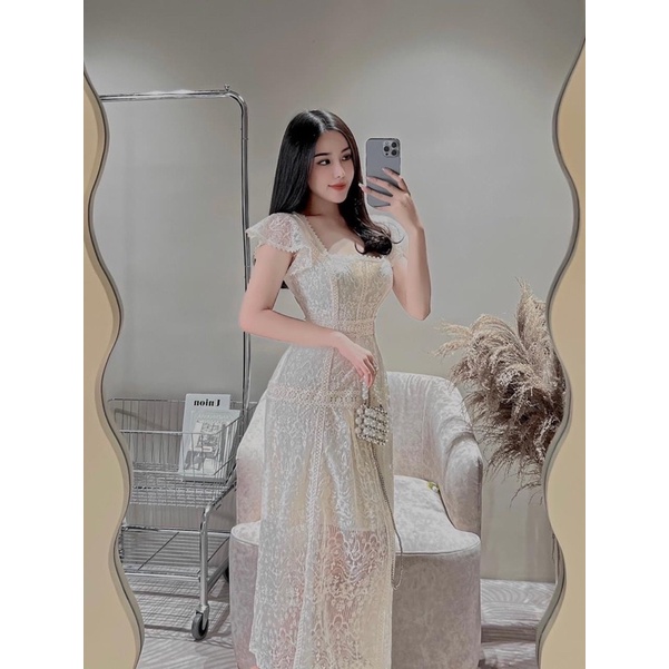 Đầm ren cổ vuông phom xoè nhẹ thiết kế cao cấp