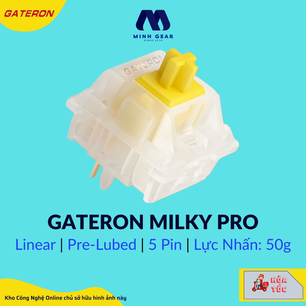 Switch Gateron Milky Yellow Pro 5 Pin Có Pre Lubed, dùng cho bàn phím cơ