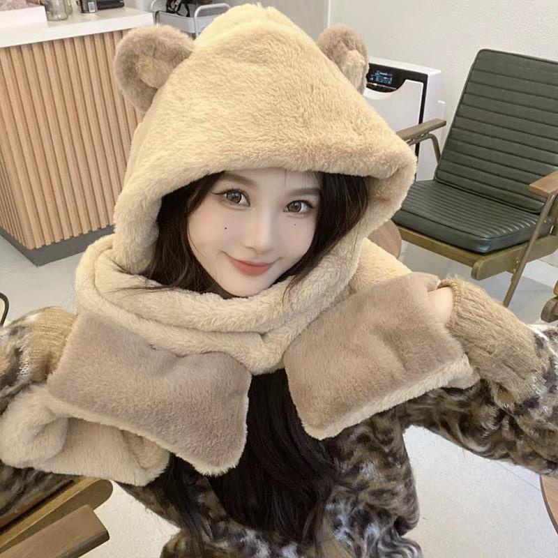 Mũ Trùm Đầu Kèm Khăn Choàng Cổ Và Găng Tay Bằng Vải Bông Dày Chống Lạnh Hình Tai Gấu Dễ Thương Phong Cách Hàn Quốc