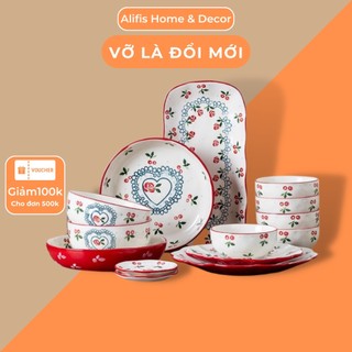 Bát đĩa sứ , chén đĩa decor lẻ họa tiết Cherry đỏ phong cách Hàn Quốc