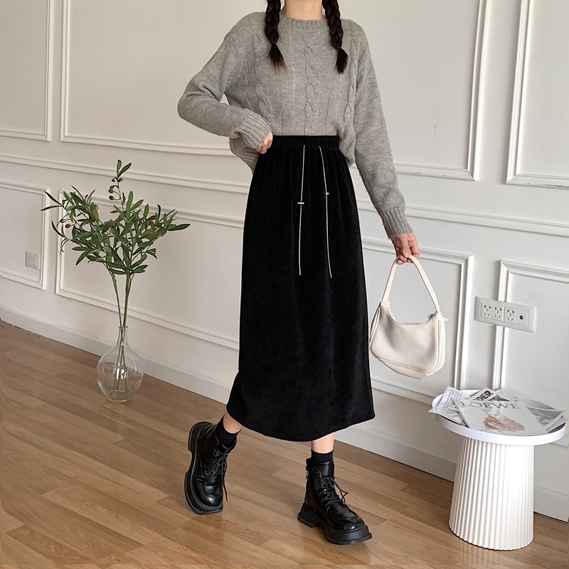 Ethelgirl Chân Váy Midi Chữ A Lưng Cao Dáng Rộng Xẻ Tà Vải Nhung 3 Màu Sắc Tùy Chọn Phong Cách Hàn Quốc Cho Nữ