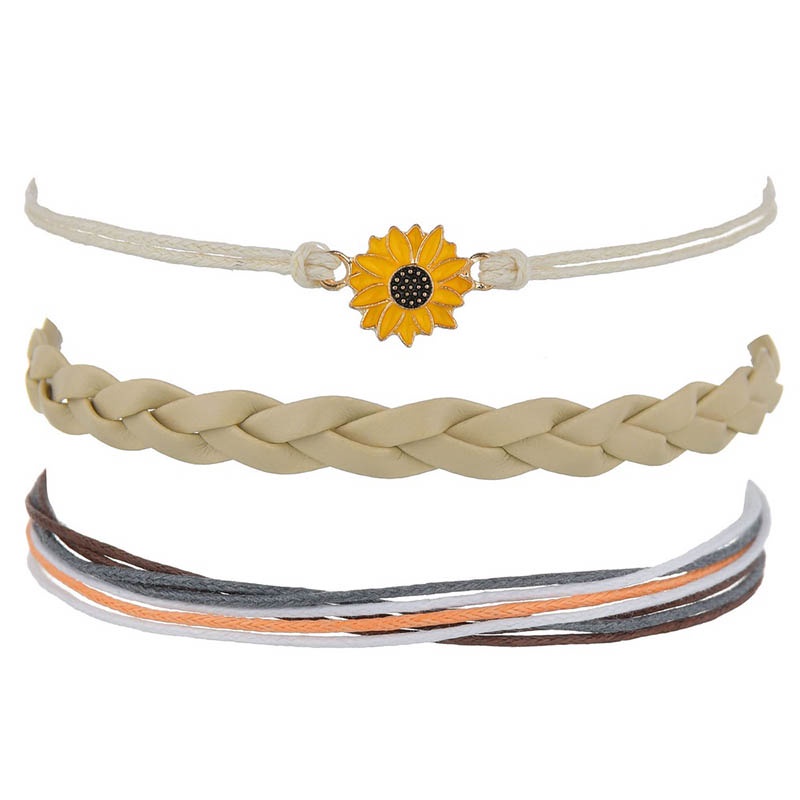Bộ 3 Vòng Tay Dây Da Bện Mặt Hoa Hướng Dương Nhiều Màu Phong Cách Bohemian JP5