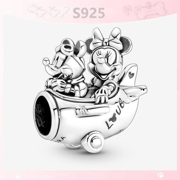 DISNEY Vòng Tay Mạ Bạc 925 Mặt Hình Chuột Mickey Minnie Và Máy Bay Đáng Yêu
