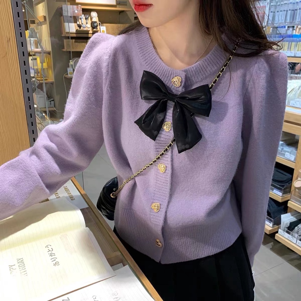 C & M Áo Khoác Cardigan Dệt Kim Đính Nơ Màu Tím Ngọt Ngào Thời Trang Mùa Thu Cho Nữ