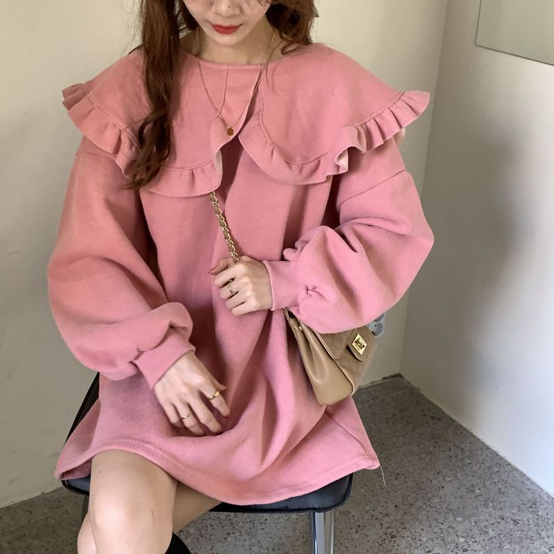 Đầm chiffon Dài Tay In Hoa Phối Bèo Thời Trang Thu Đông Hàn Quốc Thiết Kế Mới