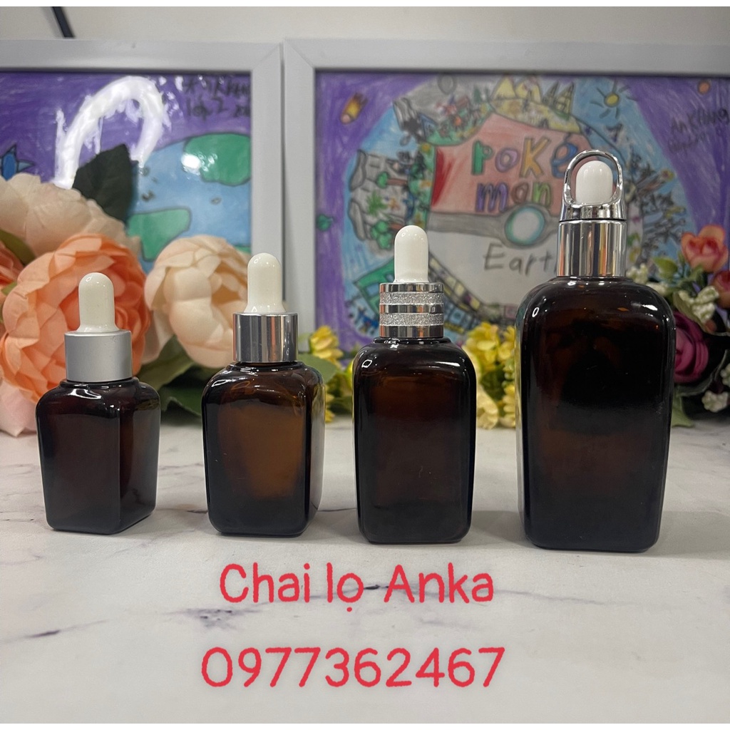 chai chiết mỹ phẩm, chai lọ THỦY TINH VUÔNG NÂU 10ml 30ml 50ml 100ml