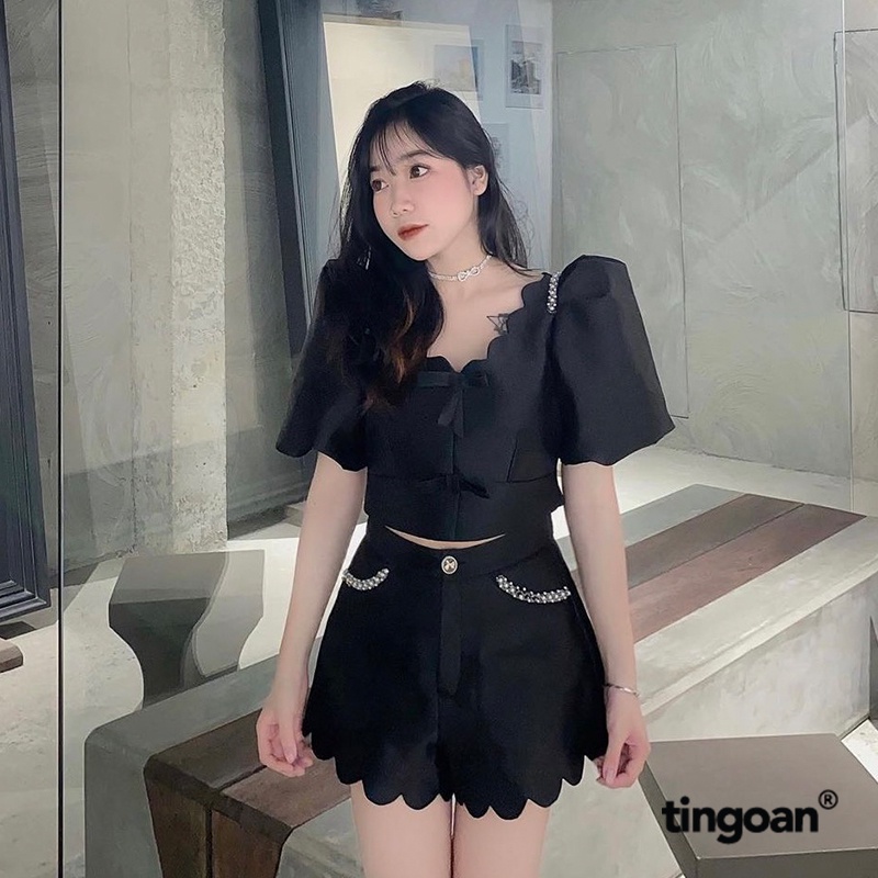 TINGOAN® - Quần shorts cạp cao tafta lượn viền hoa đen tingoan LOVE LINER SHORTS/BL