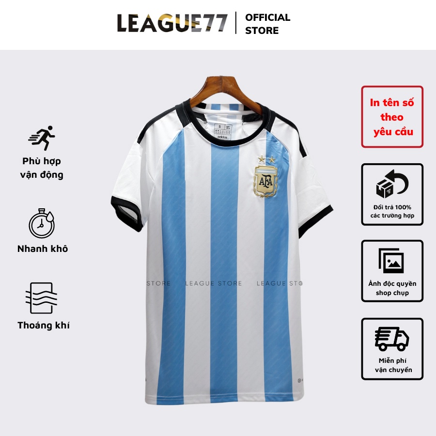 Áo đội tuyển Argentina sân nhà 22/23 Leaguestore - bộ quần áo đá bóng ngắn tay xanh trắng vải thái dệt mịn form âu