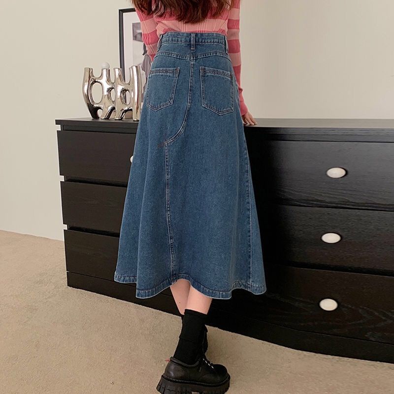 Chân váy jean dài chân váy bò dài chân váy xếp ly Chân Váy Denim Dài Lưng Cao Phong Cách Retro Thời Trang Xuân Thu Mới Cho Nữ