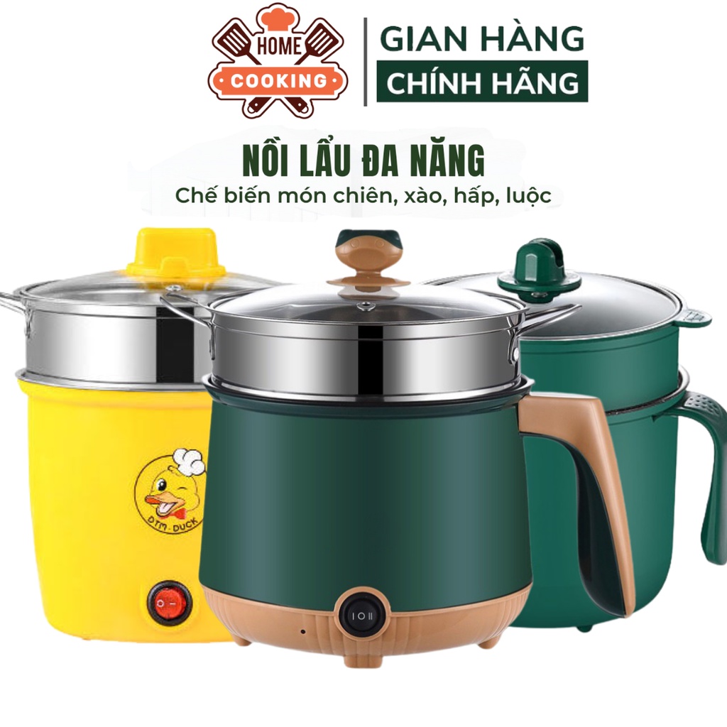 Nồi lẩu mini đa năng, ca nấu mì 18cm 2 nấc nhiệt kèm giá hấp, đế chống dính, chiên xào, hấp, luộc, ăn lẩu tiện dụng