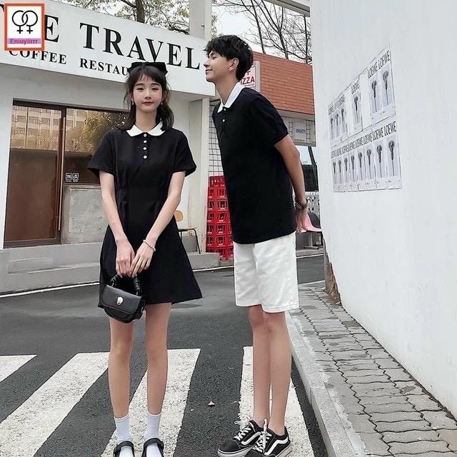 Set đồ đôi đen phối cổ trắng cúc váy nữ + áo nam