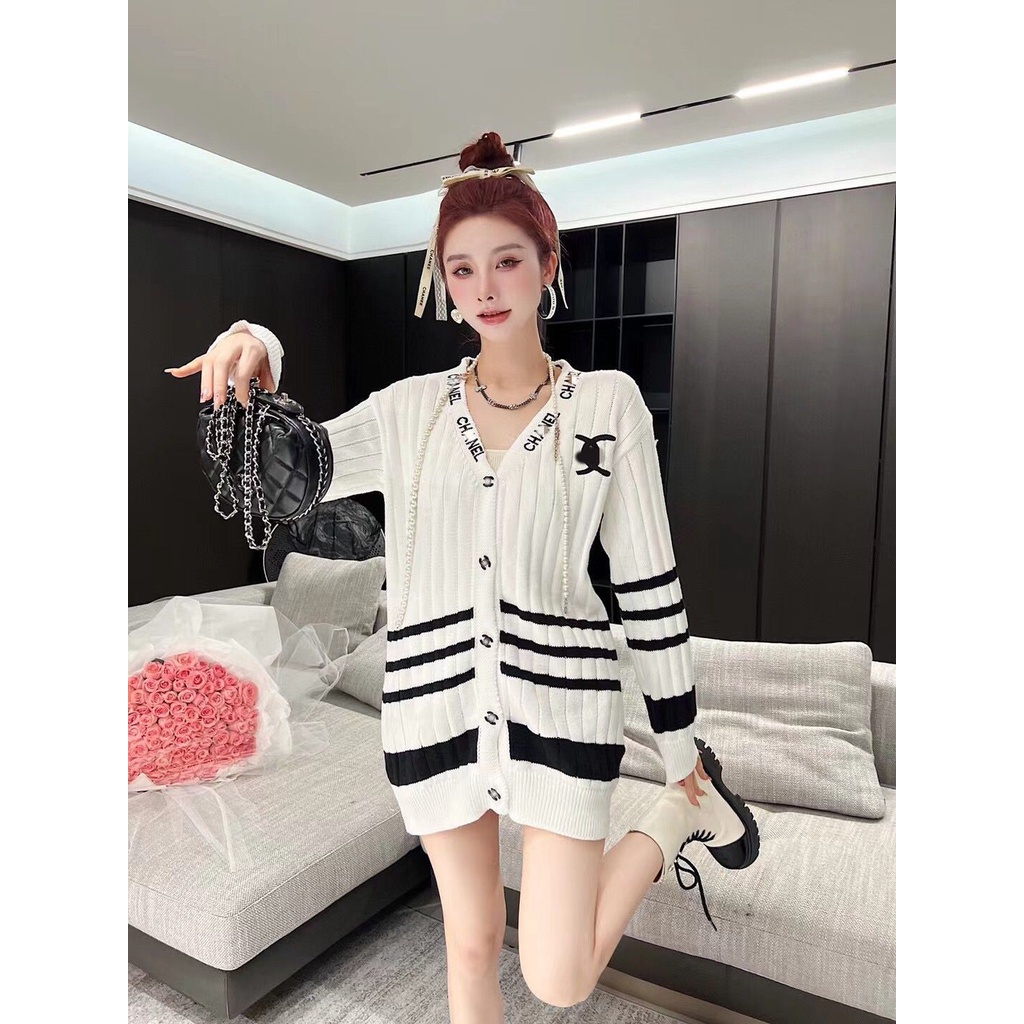 ELZH CHA NEL real shot high version fixed weave cardigan sweater simple all-match slimming long sleeve coat