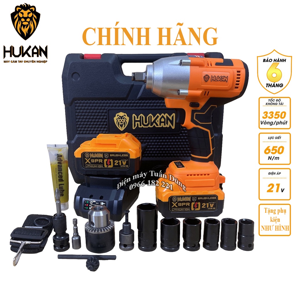 Máy siết bulong dùng pin Động cơ Không Chổi Than Hukan X9 Pro Lực siết khủng 650Nm Tặng Bộ đầu chuyển đổi + 6 khẩu