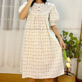 Váy ngủ tiểu thư chất vải linen họa tiết hoa nhí, đầm ngủ dễ thương phong cách Hàn Quốc