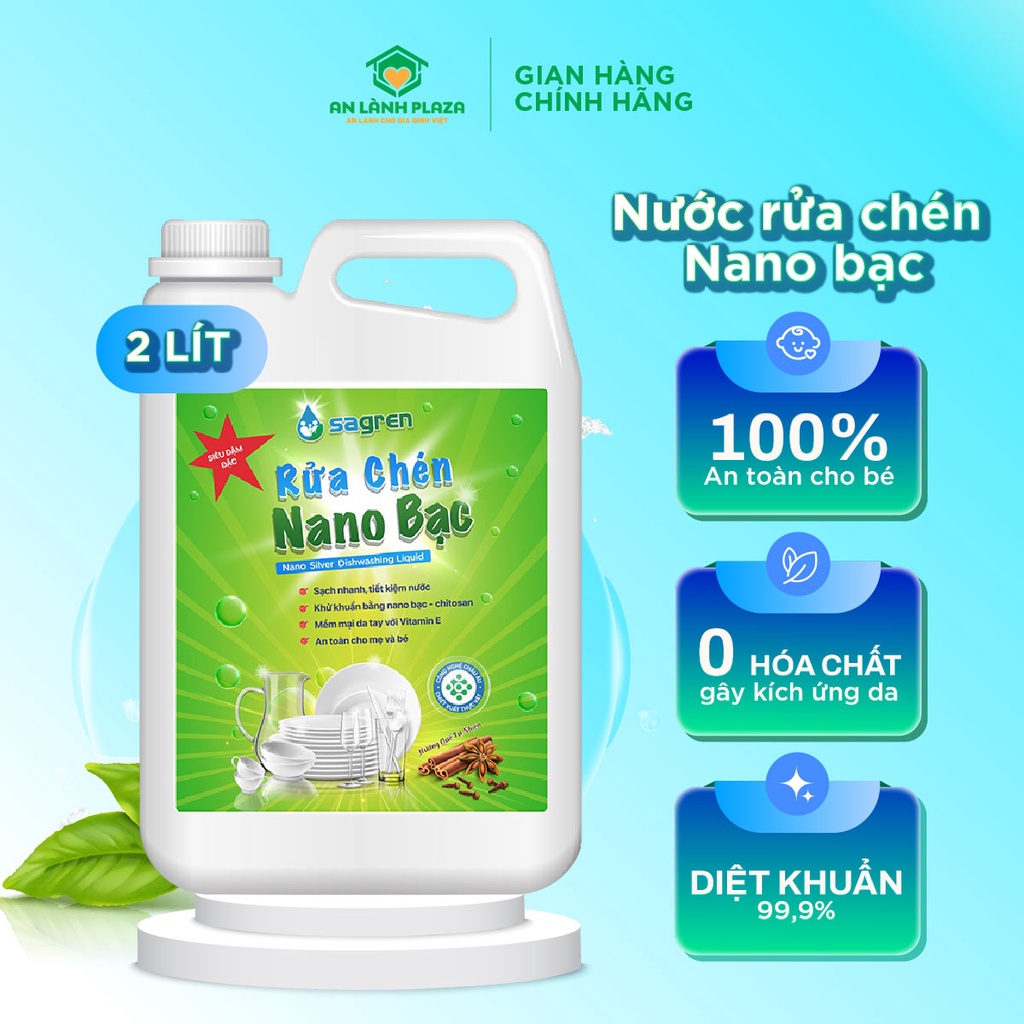Nước rửa chén bát hữu cơ Nano bạc 2000ml An Lành, an toàn cho mẹ và bé, hương quế tự nhiên, tốt cho da nhay cảm