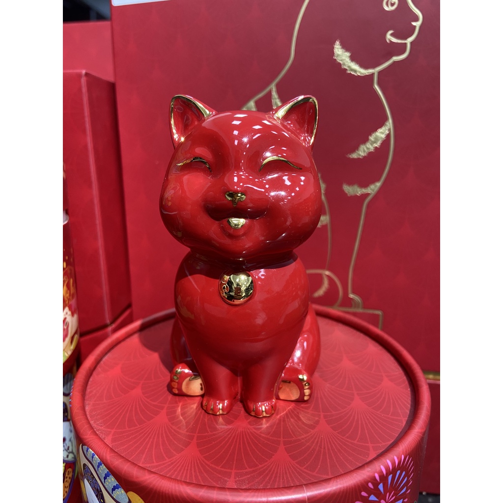 Mèo Vạn Phúc 9.5 cm - Đỏ - Trang trí vàng - Gốm sứ cao cấp Minh Long
