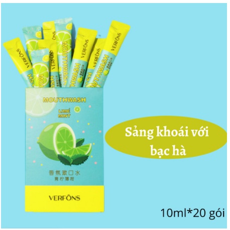 Hộp 20 túi nước súc miệng VERFONS giúp hơi thở thơm mát sảng khoái tức thì, tiện lợi bỏ túi khi đi r