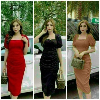 Đầm body xếp ly cổ vuông tay voan hàng thiết kế sang trọng TẶNG KÈM HOA TAI THỜI TRANG