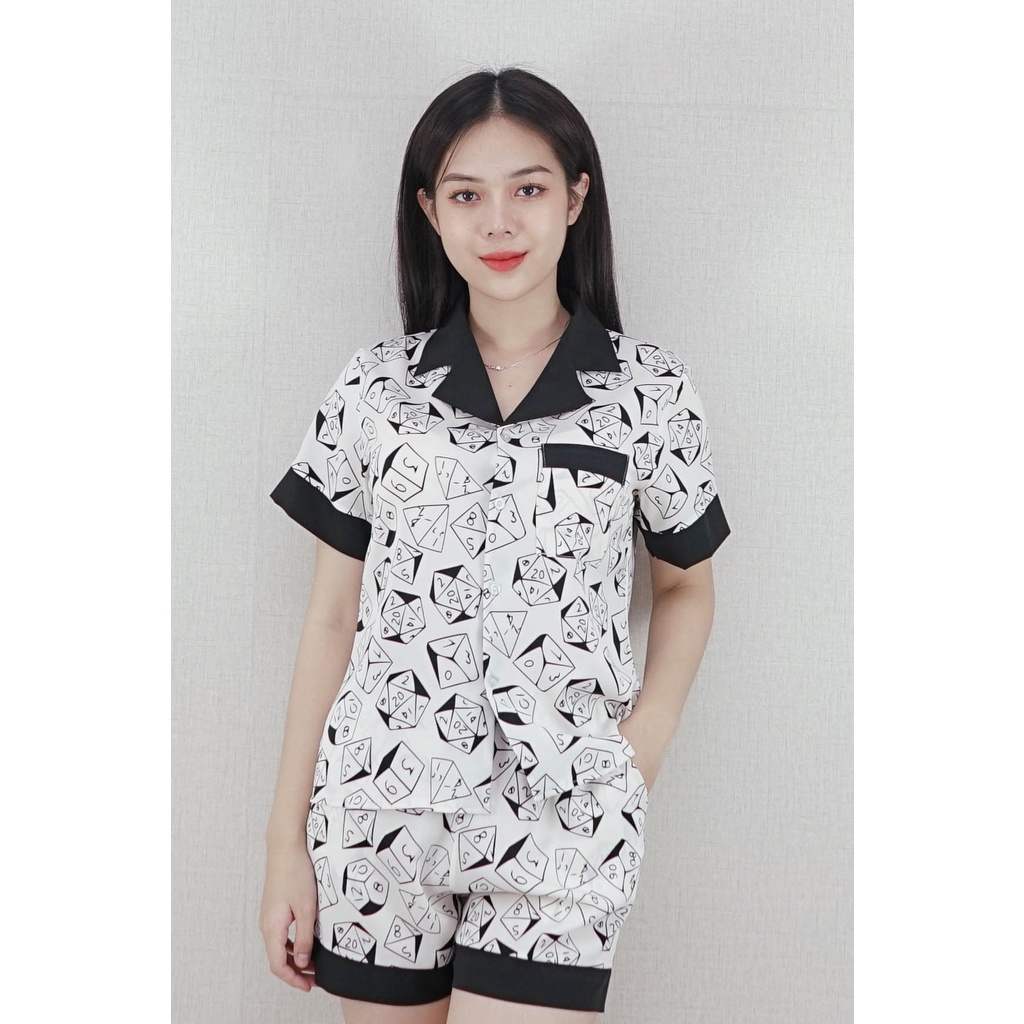 Bộ đồ Pijama nữ Quần ngắn tay ngắn TRẮNG Ô VUỒNG ĐEN PHA CỔ ĐEN - vải lụa nhật cao cấp - sang chảnh