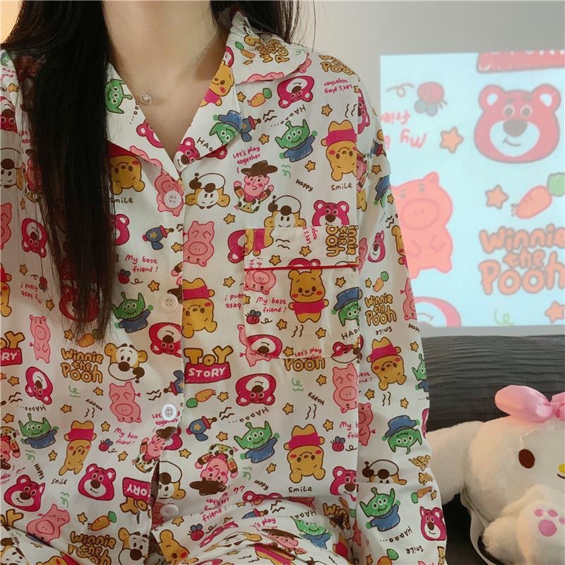 Set đồ ngủ Pyjama dài hoa tiết hoạt hình dễ thương hàn quốc