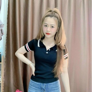 Áo thun nữ có cổ tay ngắn viền chỉ xanh chỉ đỏ form ôm body tôn dáng MC