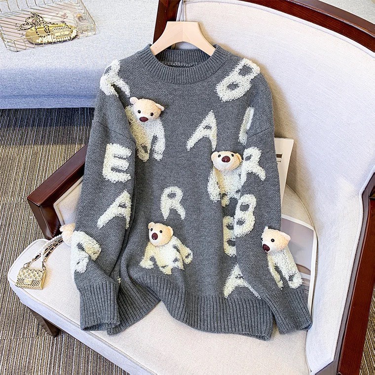 Áo len sweater chữ xù nổi đính gấu rời AL85