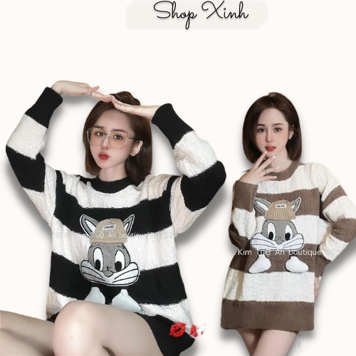 ÁO KHOÁC CARDIGAN LEN NỮ QUẢNG CHÂU HỌA TIẾT HÌNH THỎ THÊU MÀU ĐEN NÂU KẺ SỌC NGANG
