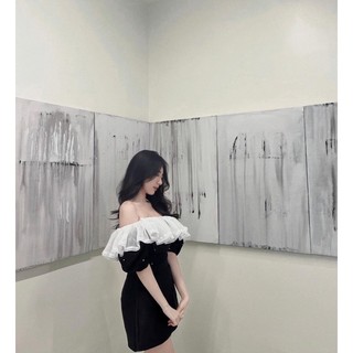 SET ÁO NHUNG ĐEN PHỐI BÈO + CHÂN VÁY ĐEN [kèm ảnh thật ]
