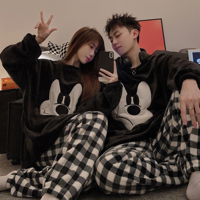 Bộ Đồ Ngủ Chất Nỉ Dày Dặn Họa Tiết Sọc Caro In Hình Chuột Mickey Thời Trang Thu Đông Phong Cách Hàn Quốc Cho