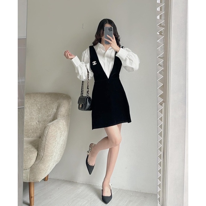 SET VÁY YẾM NHUNG 2211 MIX SƠMI TAY BỒNG TẶNG CÀI ÁO SIÊU XINH