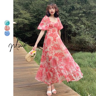 Váy đầm maxi hoa tay phồng dây rút ngực MIMIX CI1245