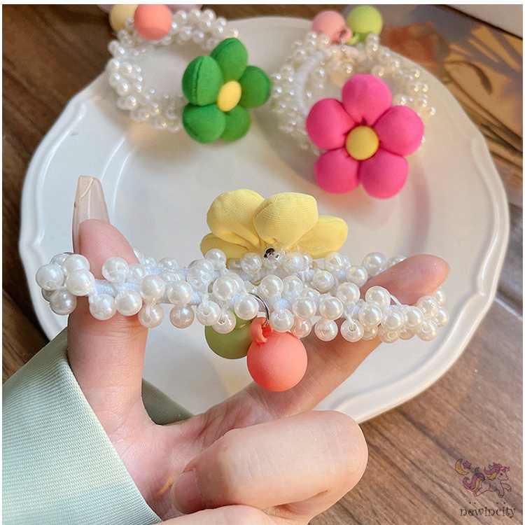 Dây Cột Tóc Cao Su Đính Hoa Và Ngọc Trai Phong Cách Hàn Quốc Cho Bé Gái