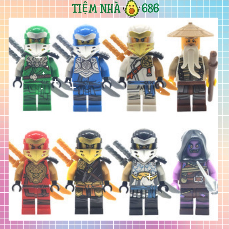 Bộ 8 nhân vật Lego ninjago mini, mô hình lắp ráp nhân vật ninjago