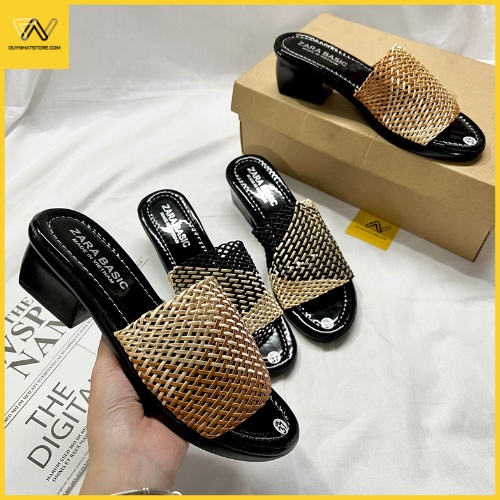 Dép Cao Gót Quai Ngang Nữ Giày Duy Nhật Store Da Bóng Chữ H Trơn Lưới Gót Đế Đúc Vuông 5cm Đen Trung Niên Lớn Tuổi Đúp