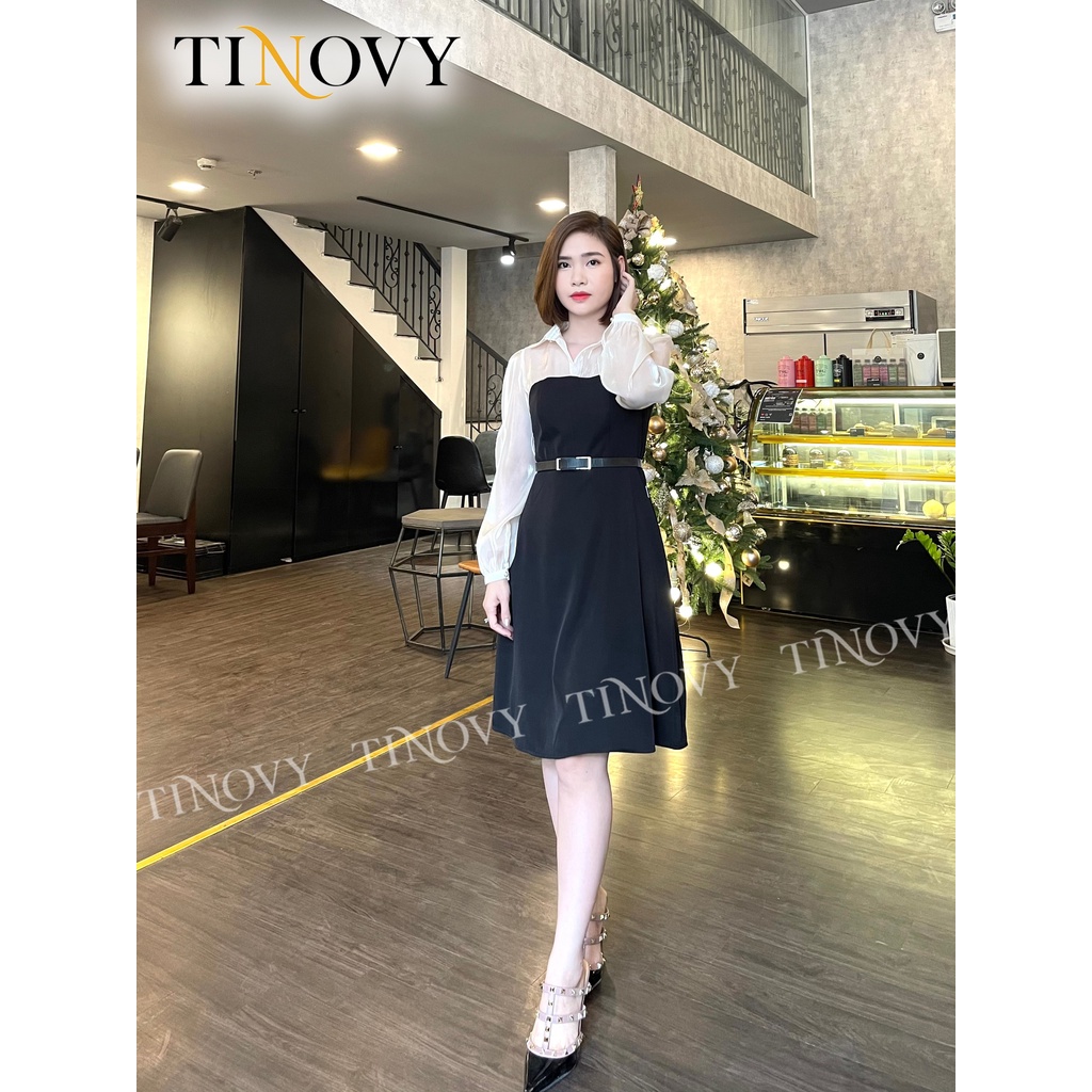 Đầm nữ đen phối tơ cổ sơ mi dài tay TINOVY D221019