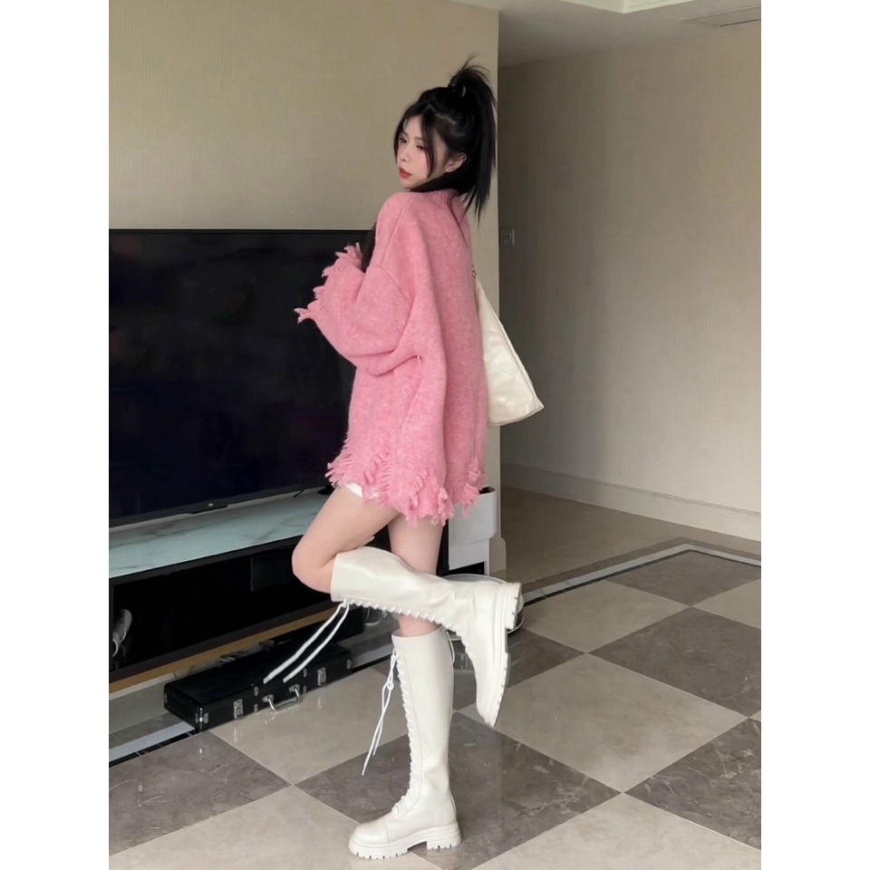 Áo len cổ tim rách tua rua 2 màu hàng QC